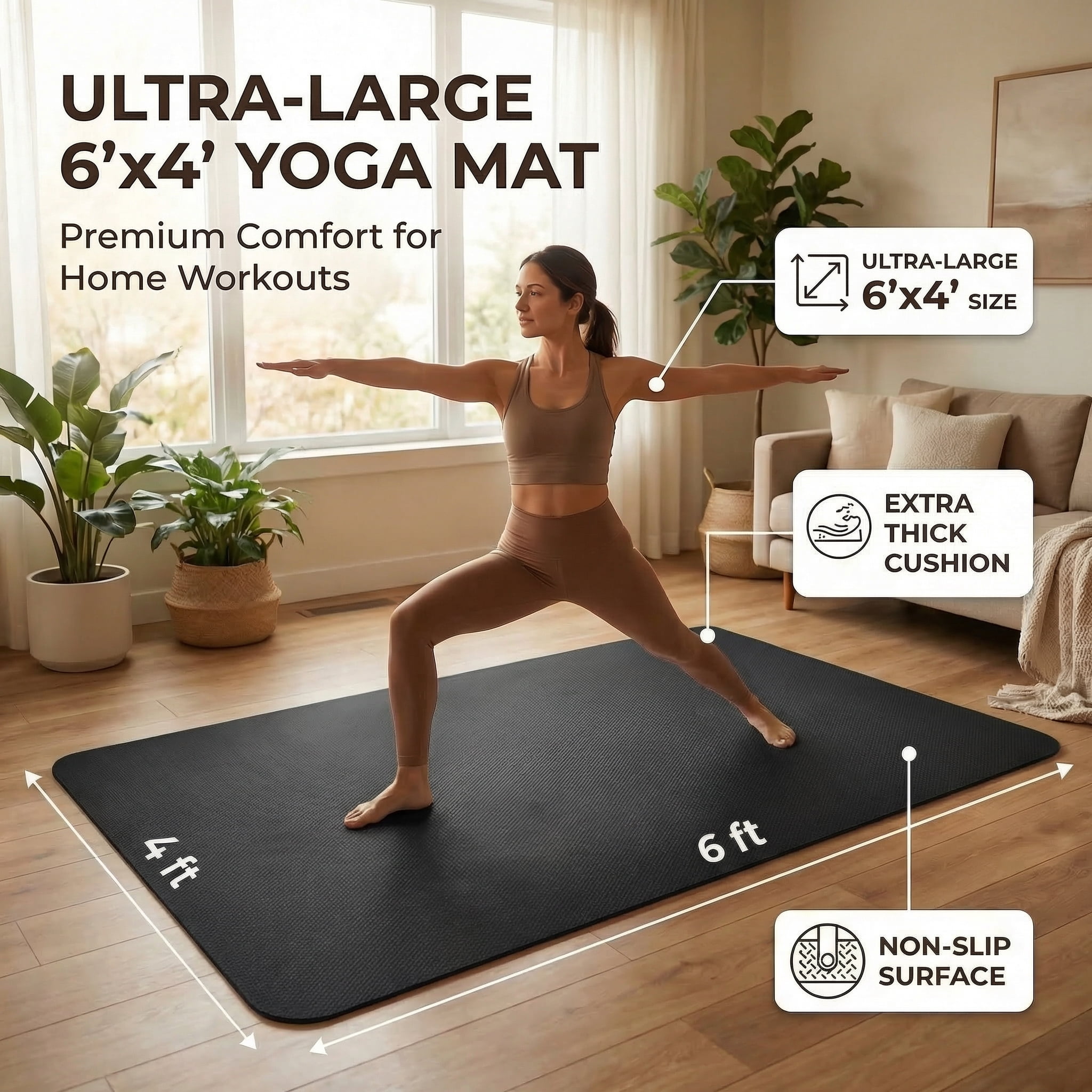 FrenzyBird Large Yoga Mat 6'x4' (72"x48") 183x122cm, 1/4" Thick TPE Non-Slip Extra Wide Exercise Mat, Big Home Workout Mat for Yoga, Pilates, Gym & Floor Workouts for Women & Men（6mm Black）