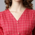 thumbnail image 7 of Janasya Summer V-Neck Half Sleeve Checkered Red Cotton Loose Midi Dress For Women, 7 of 7