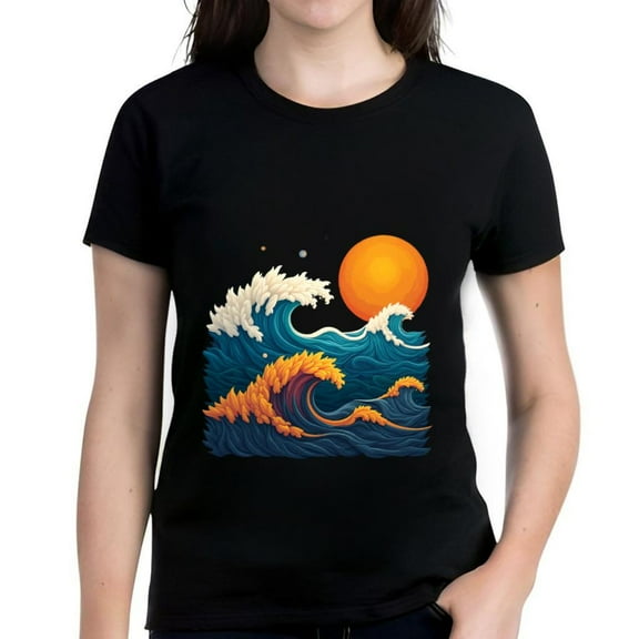 Stylish Women's Cotton Short Sleeve T-Shirt with Vibrant Ocean Wave Design in Blue and Orange Featuring a Bold Sun and Accents