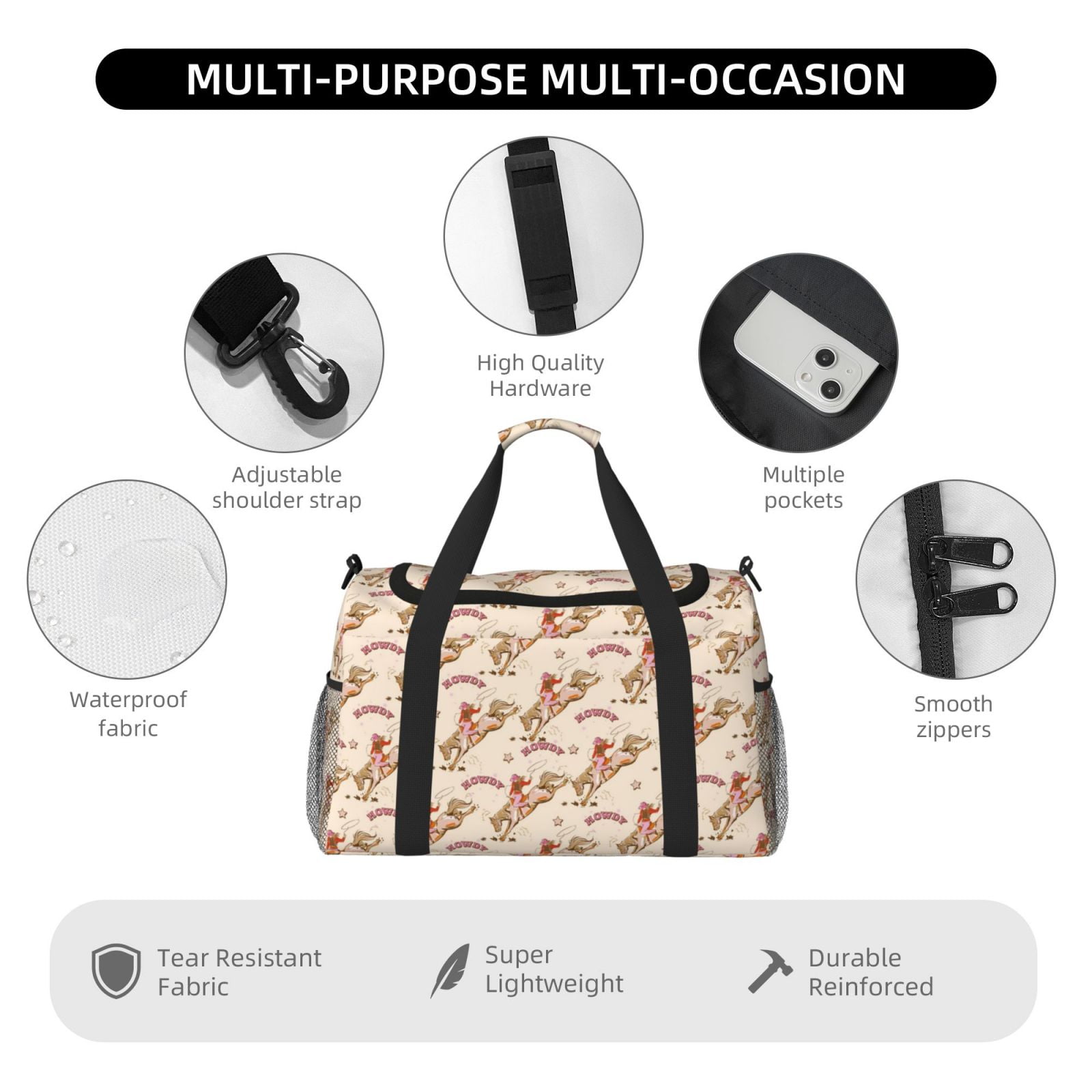 Defioc Howdy Cowgirl Print Hand Travel Bag - Foldable Travel Duffel Bags for Men Women -Sport Gym Bag - Overnight Travel Duffel Bag - Adjustable Shoulder Strap