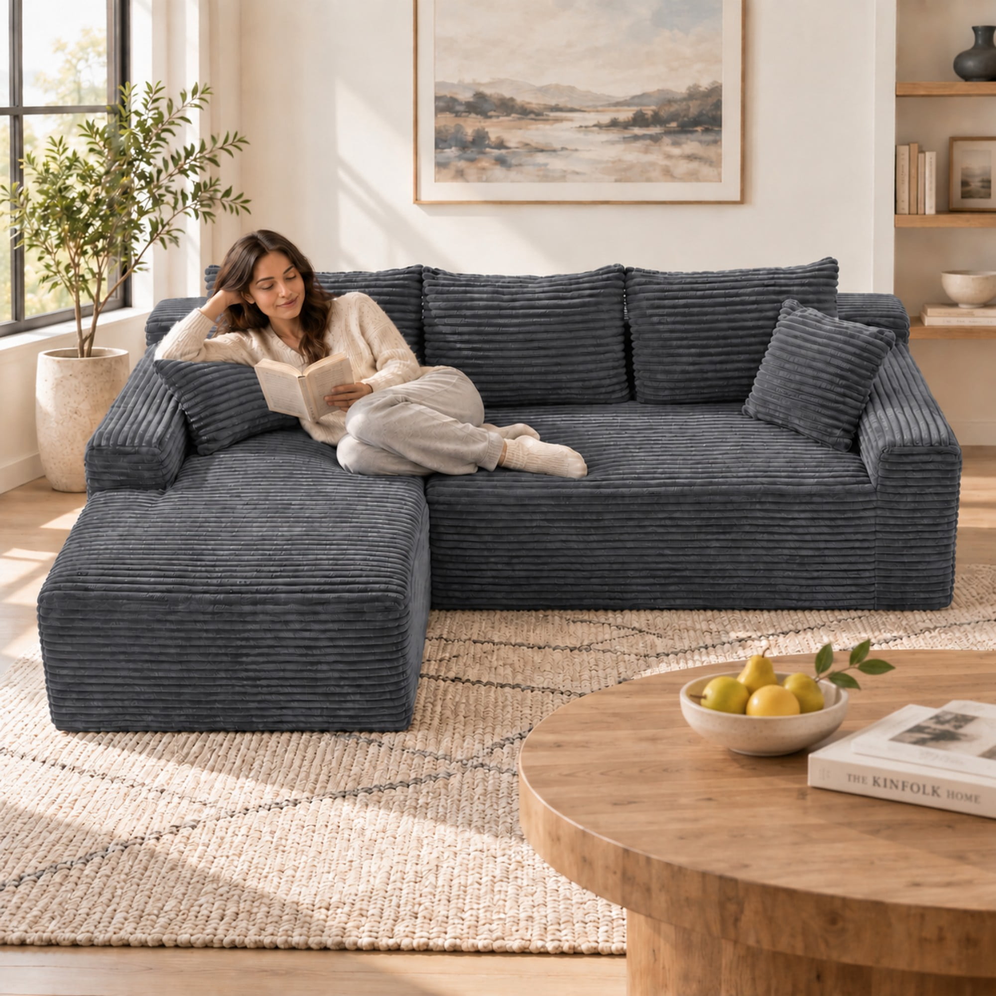 DEALTOPS 106" Corduroy L-Shape Sectional Sofa, Modular Floor Cloud Couch with Left Chaise, Gray