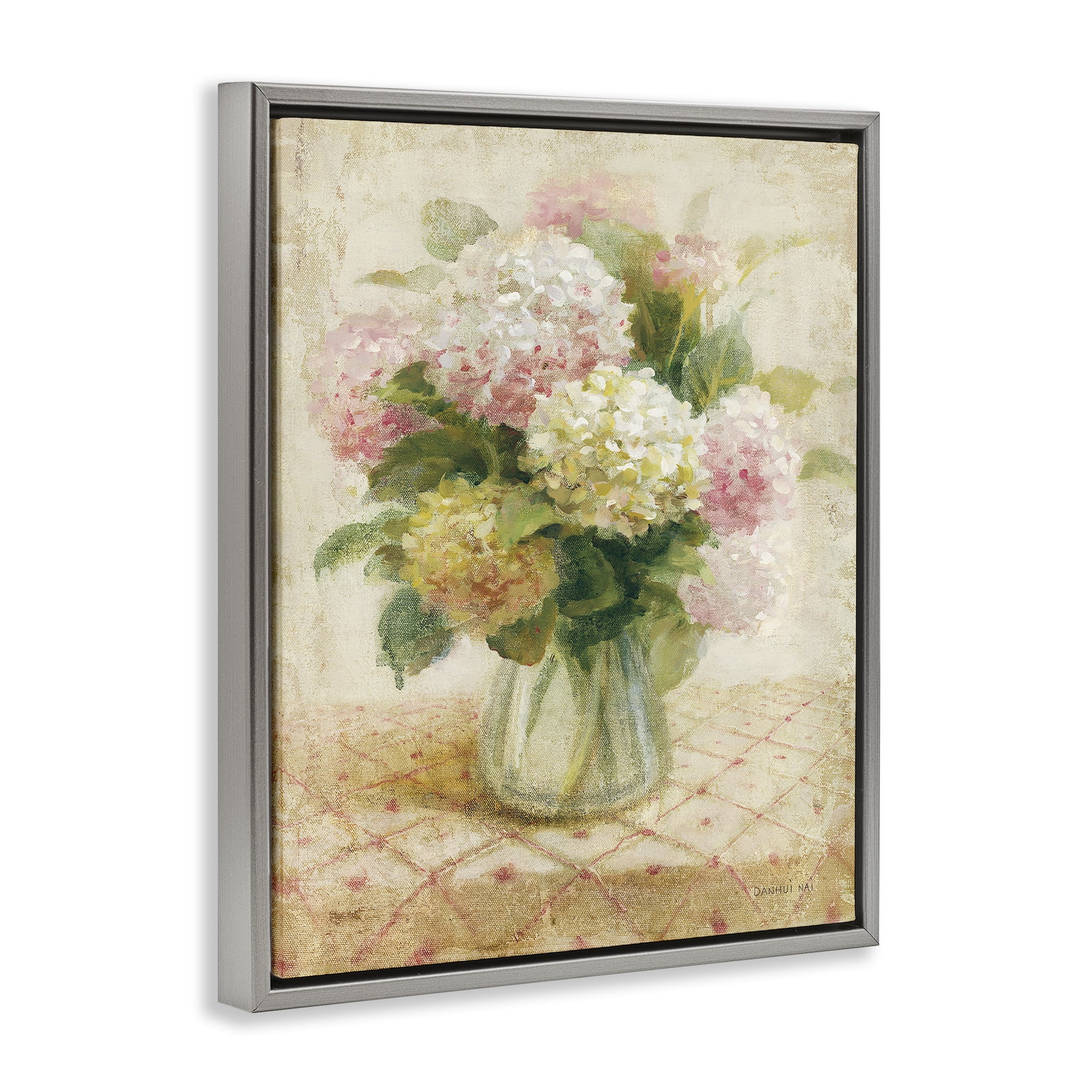 Stupell Industries Cottage Hydrangeas in Pink Plants & Flowers Painting Gray Floater Framed Canvas Art Print Wall Art, 17 x 21