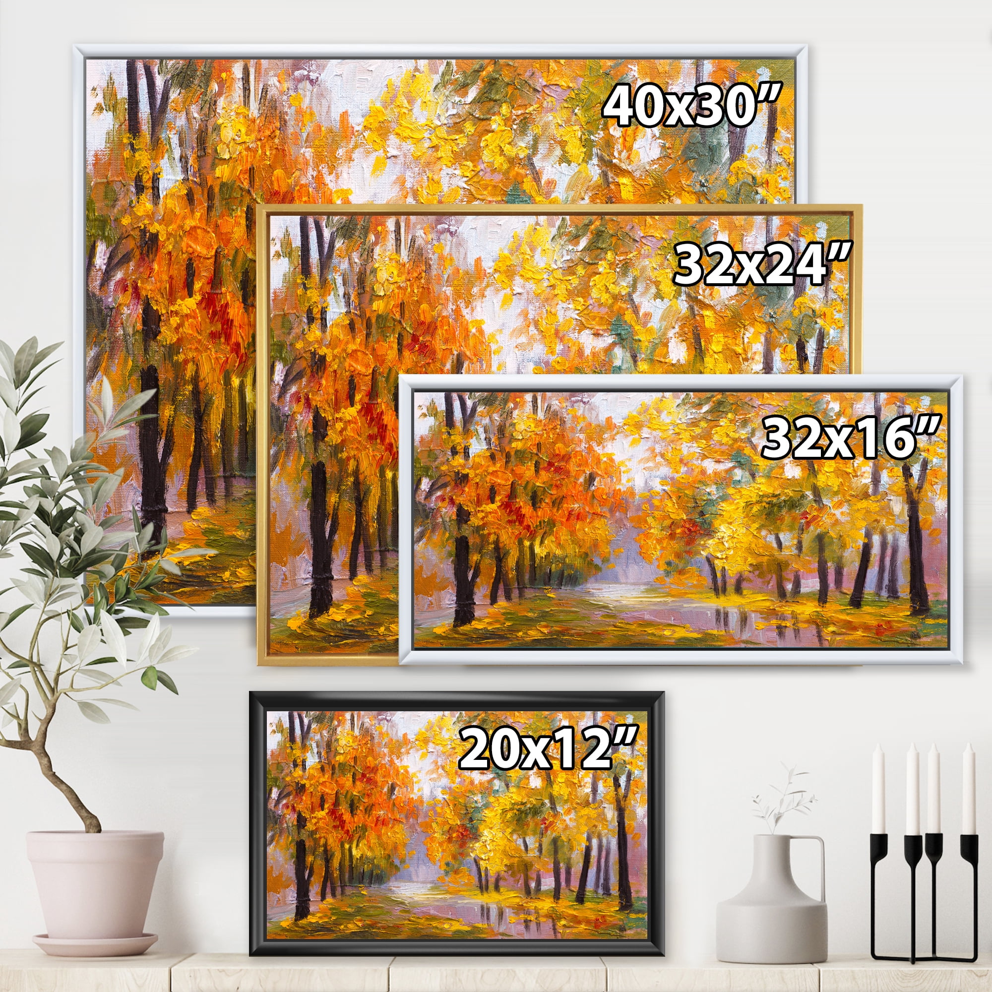 Designart 'Forest Full Of Fallen Leaves In Autumn Along River' Lake House Framed Canvas Wall Art Print