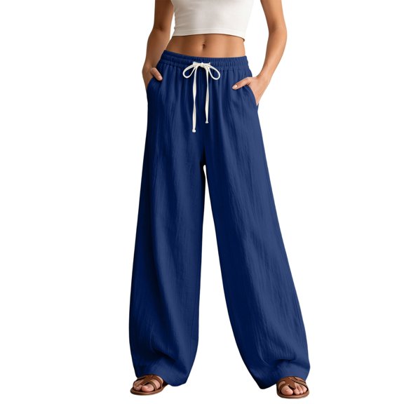 Maean Women Plus Size Pant Loose Elastic Waist Drawstring Summer Lounge Pants Trousers with Pockets M-5XL