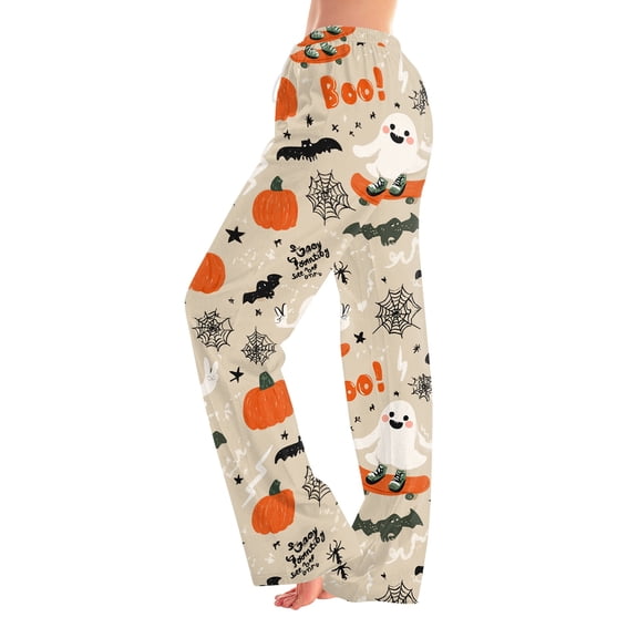 Fabrcox Halloween Womans Pajama Pants Ghost Pumpkin Candy Sleep Pants Women Fall Winter Festival Soft Lounge Pants for Women Khaki S