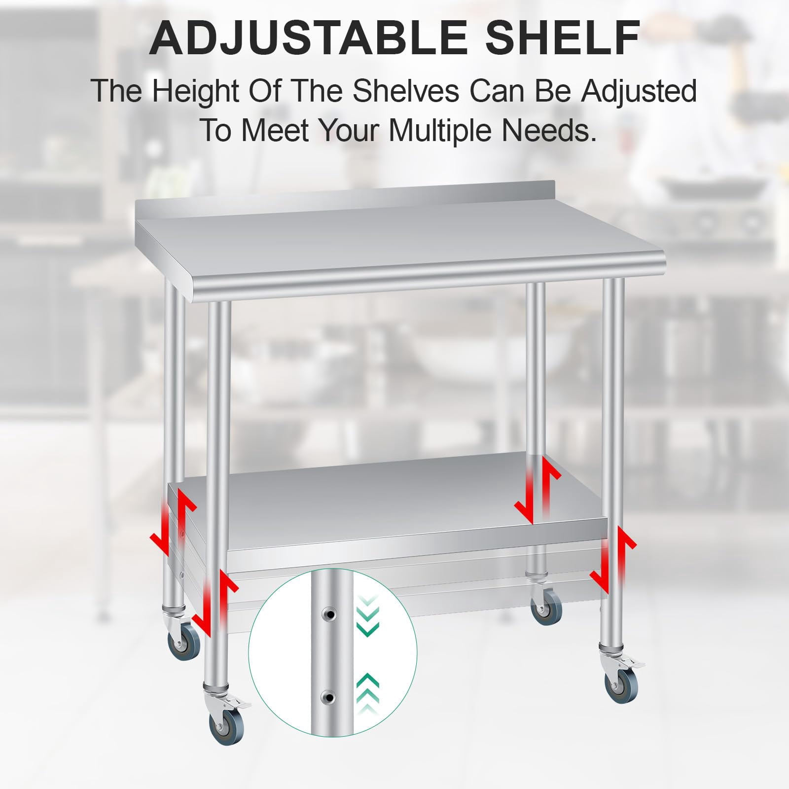 Stainless Steel Table for Prep & Work, 30x24 Inches Heavy Duty Commercial Table with Adjustable Undershelf and Backsplash, Prep Table with Caster Wheels for Restaurant Kitchen Home and Hotel