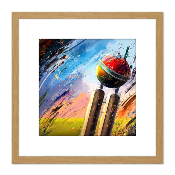 Cricket Wicket Fast Bowler Sports Splatter Style Oil Painting Square Wooden Framed Wall Art Print Picture 8X8 Inch
