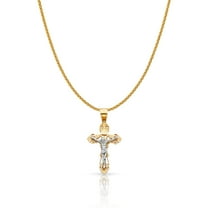14K Two Tone Solid Gold Jesus Crucifix Cross Charm Pendant with 1.1mm Wheat Chain Necklace - 22"