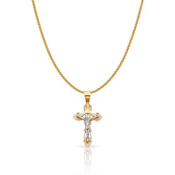 14K Two Tone Solid Gold Jesus Crucifix Cross Charm Pendant with 1.1mm Wheat Chain Necklace - 22"