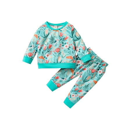 

BrilliantMe Toddler Baby Girls Casual 2pcs Outfits Clothes Set Leaves Flower Printed Pullover Pants Suit Lake blue 12-18 Months