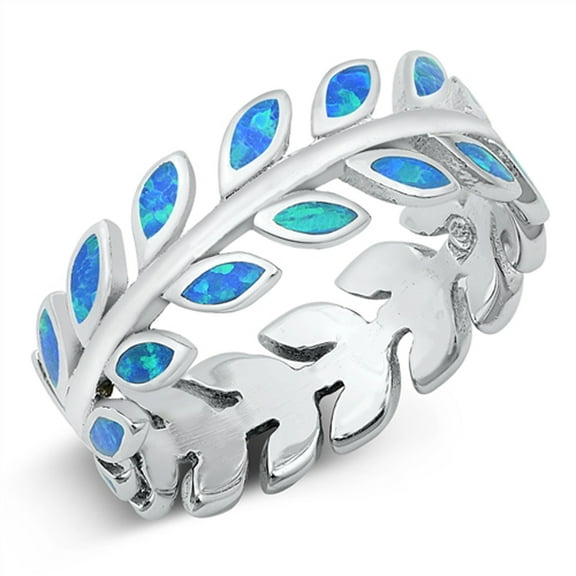 CHOOSE YOUR COLOR Infinity Branch Blue Simulated Opal Leaf Ring .925 Sterling Silver Band CZ Female Size 9