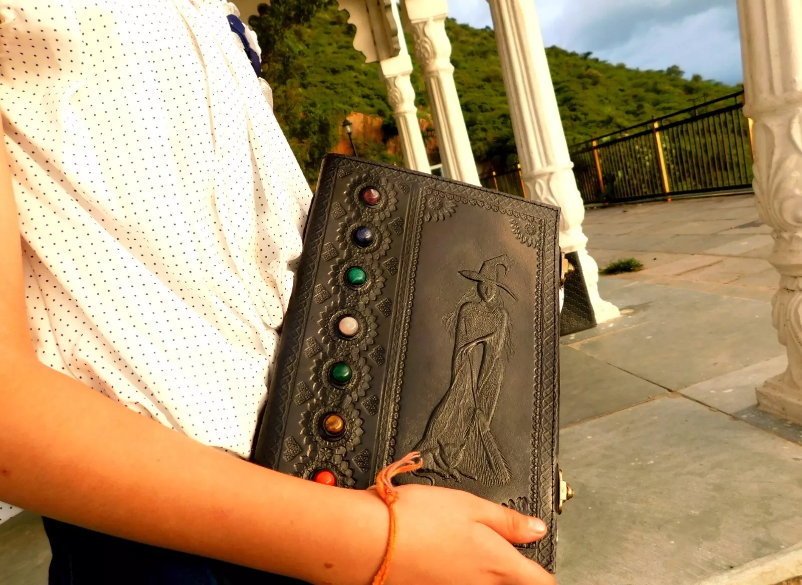 Handcrafted Embossed Witch Design Vintage Leather Bound Journal Seven Stone Grimoire Diary Blank Notebook For Men & Women