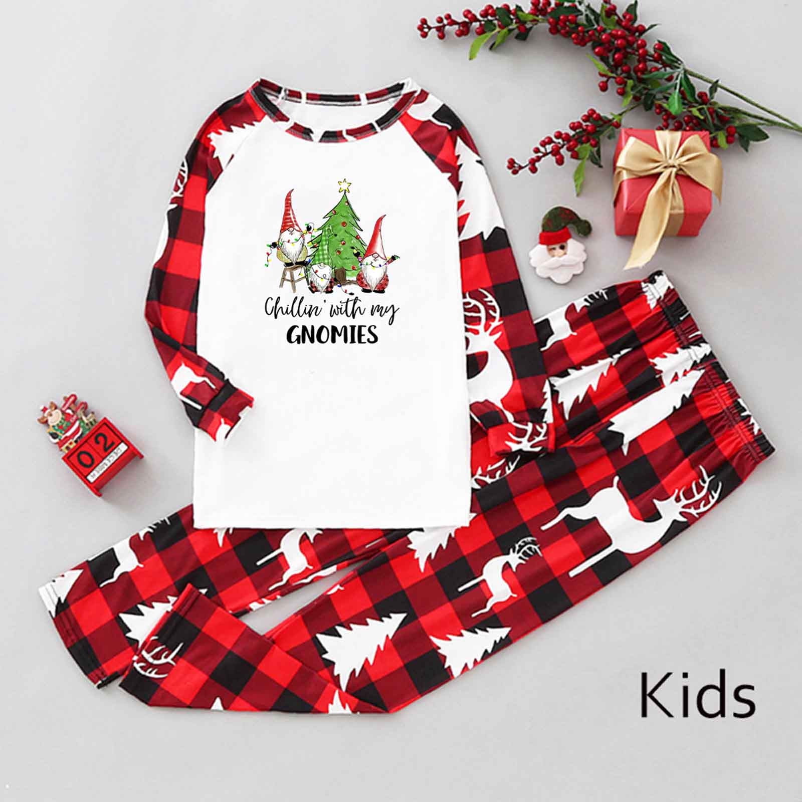 Hanas Parent-child outfit Children's Children Christmas Plaid Print Family  Matching Long-Sleeved Top + Pants Set Warm Family Red 2 