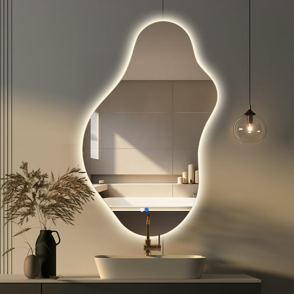 FRMALL 20"x36" Irregular LED Bathroom Mirror, Anti-Fog, Stepless Dimmable Light, 3 Color Temperature, IP65 Waterproof, Explosion-Proof Wall-Mounted Mirror, Drop