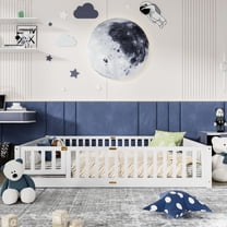 Miniyam Wood Queen Size Floor Bed with Safety Guardrails for Toddler, White