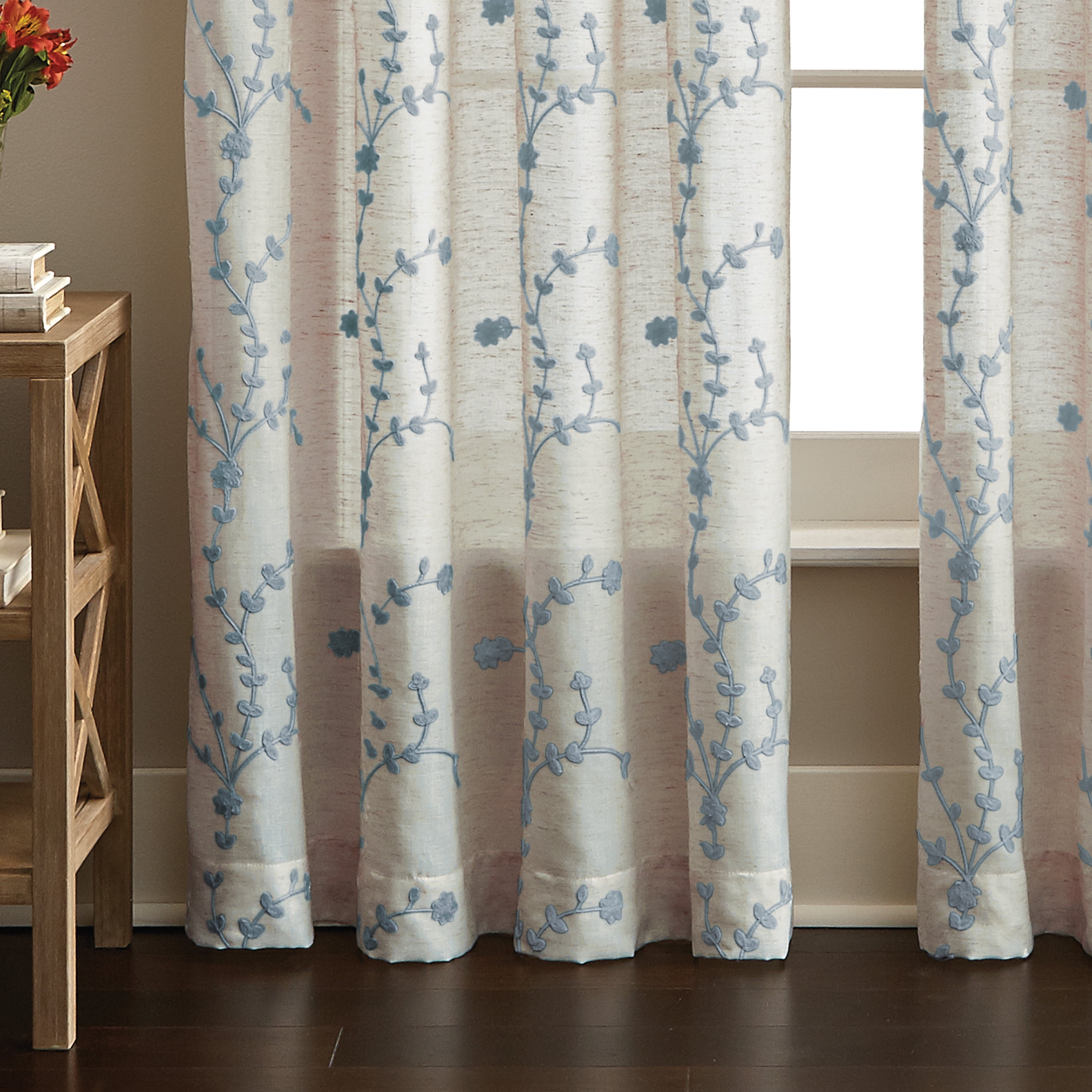 CHF Lynette, Polyester/Linen/Other Fiber, Light Filtering Single Panel Rod Pocket Curtain, Aqua , 50"x84", Adult