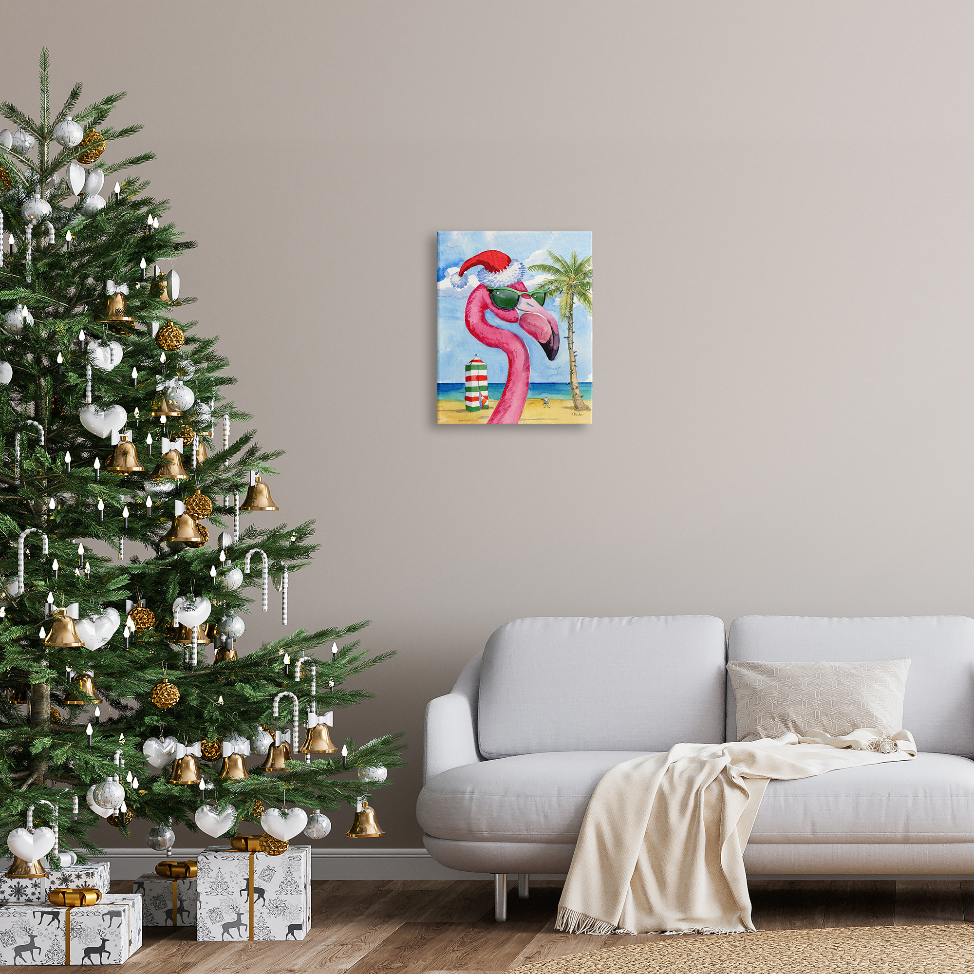 Stupell Industries Flamingo Tropical Christmas Holiday Painting Gallery Wrapped Canvas Print Wall Art, 16 x 20
