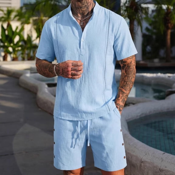 Yaoyar Mens Summer Outfits 2 Piece Cotton Linen Matching Sets Short Sleeve Henley Shirt and Shorts Vacation Beachwear