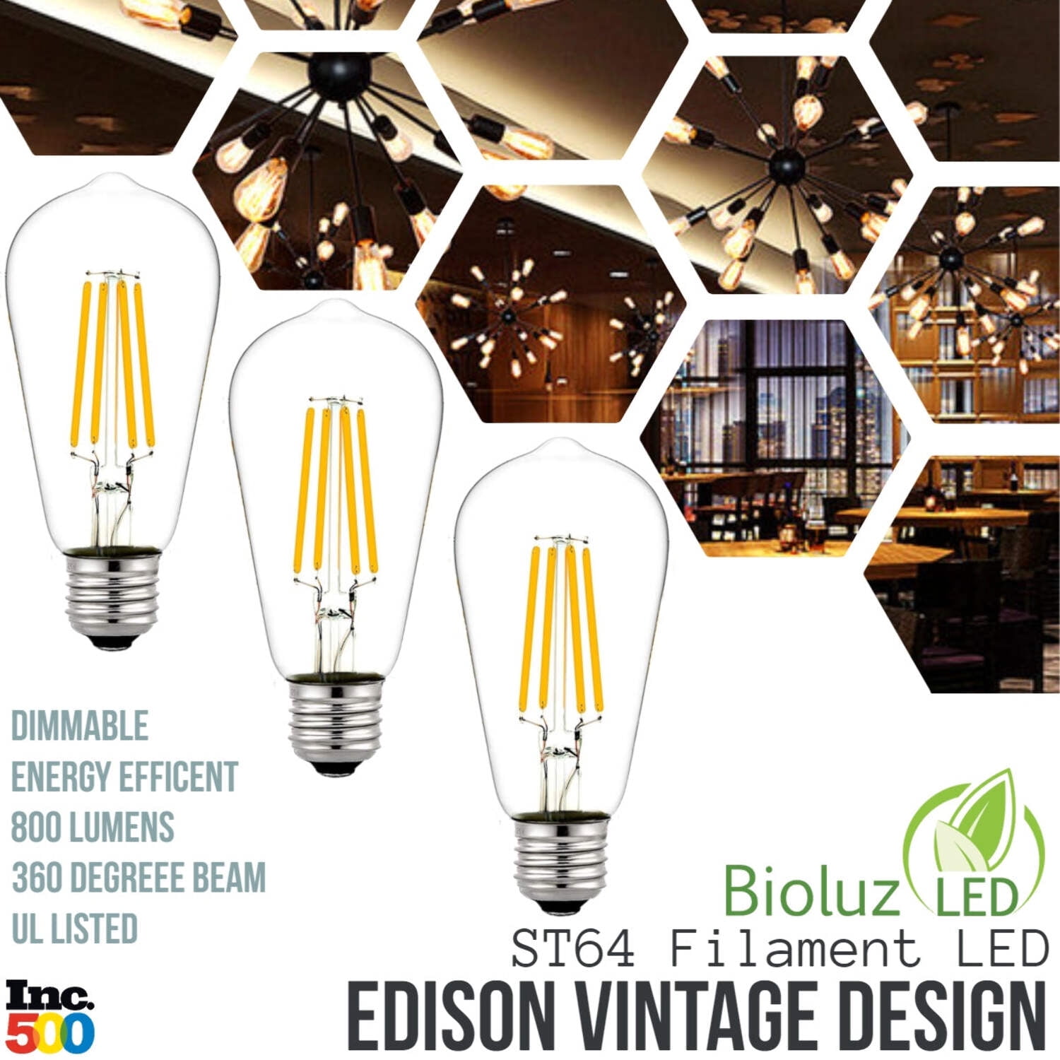Bioluz ST64 Dimmable Edison LED Light Bulbs - 800 Lumen Soft White 3000K LED Edison Bulbs 60W LED Edison Bulb Dimmable Pack - 6-Pack 7W LED Edison Bulbs for Dimmable and Non-dimmable E26/27 Fixtures