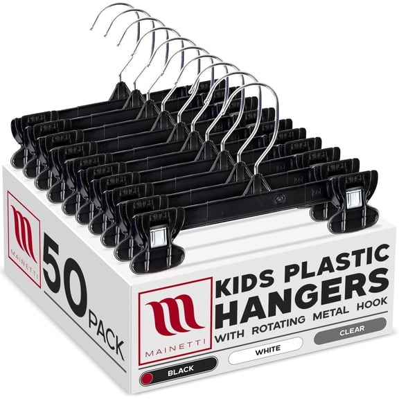 MAINETTI - 6008SMB50 Mainetti 6008 Black Plastic Children's Hangers - 50 Pack with Rotating Metal Hook and Sturdy Plastic Non-Slip Clips, Great for Pants/Skirts/Slacks/Bottoms, 8 Inch