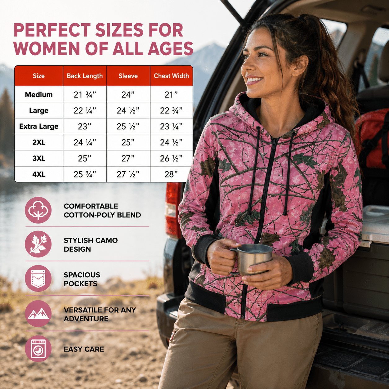 TrailCrest Women’s Full Zip Up Hoodie Sweatshirt Casual Fashion Sweater Hooded Jacket, XL, Pink Camo