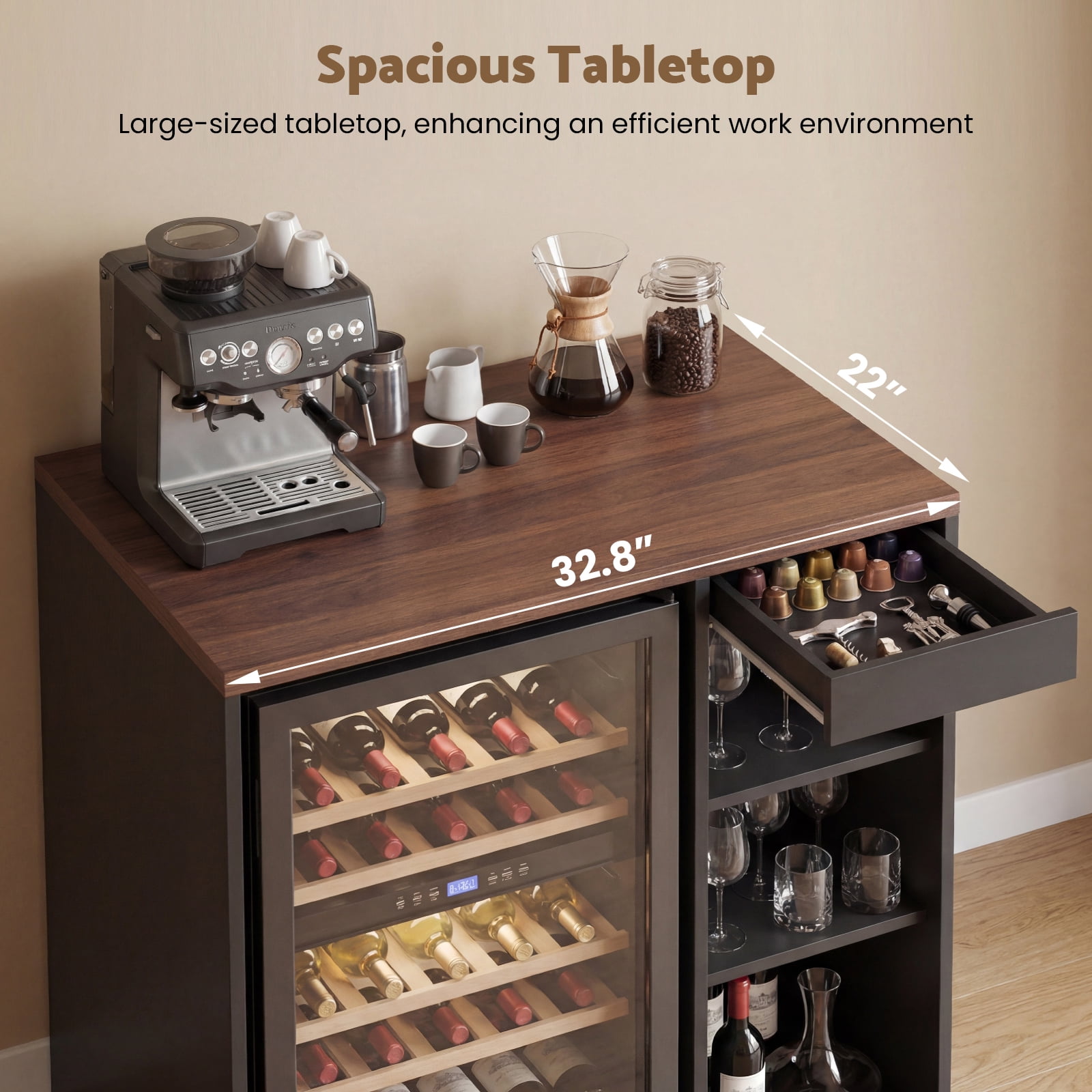 Advwin Coffee Bar Cabinet with Mini Fridge Space, Mini Fridge Stand with Drawer & Adjustable Shelf for Dorm, Kitchen, Office, Apartment, Home Bar, Black+Walnut