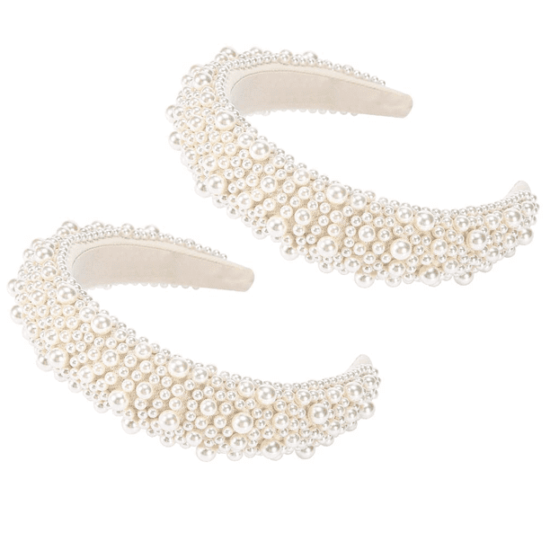 Diadema de perlas blancas, diadema acolchada negra, accesorios para el cabello de perlas con cuentas de diamantes de imitación, diadema ancha de diseño Adepaton CPB-DE-LYY746-1