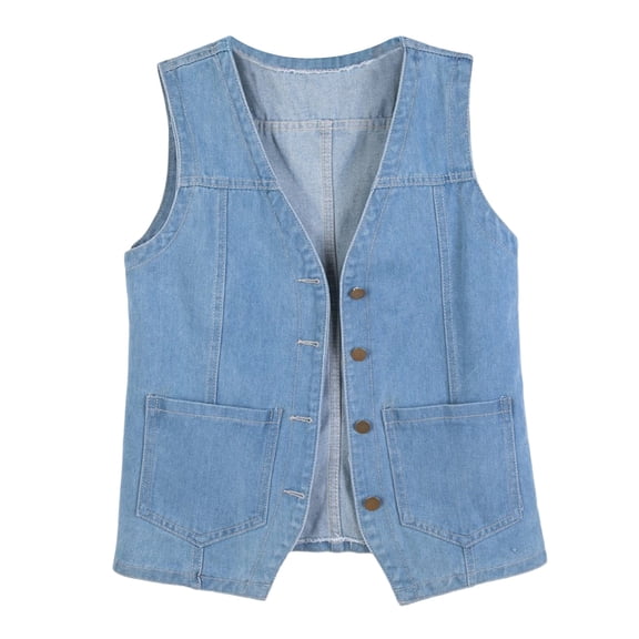 hoksml Women's 100% Denim Vest Casual Sleeveless V Neck Jean Waistcoat With Pockets