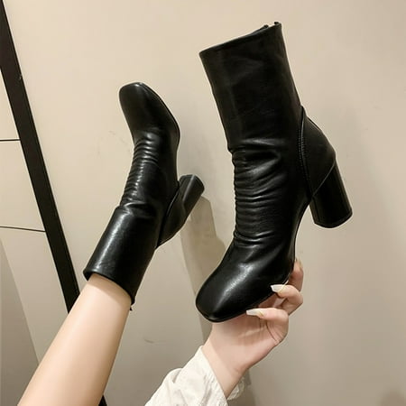 

Boots Fashion Women Artificial Leather Solid Color Autumn Thick Sole Square Heels Zipper Mid Booties Round Toe Shoes