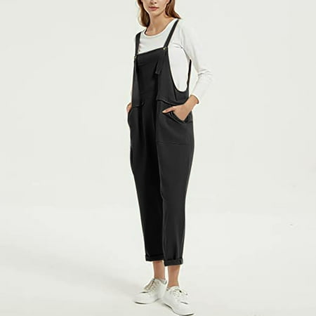 

STEADY Women s Casual Temperament Solid Color Loose Pocket Overalls L / Black