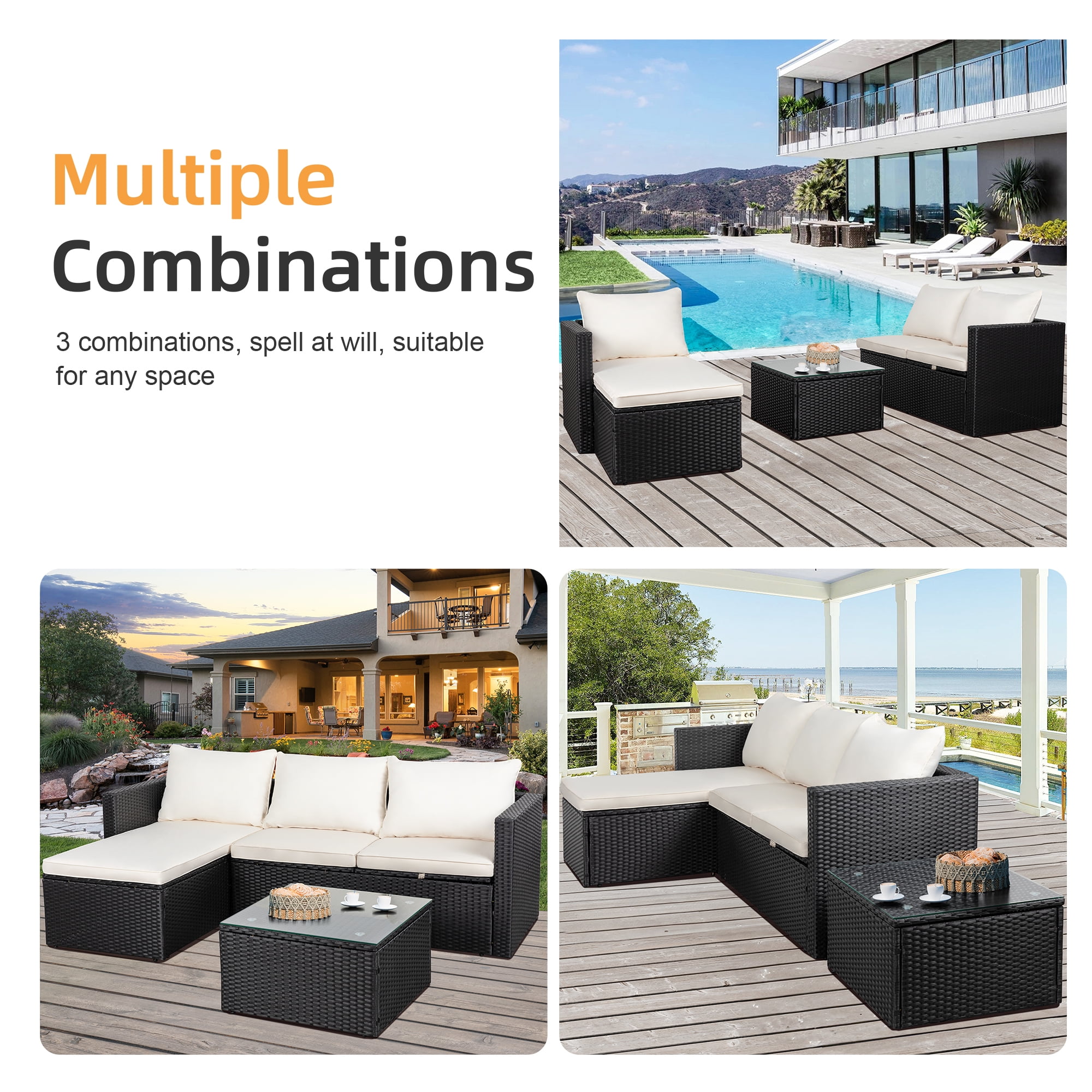 Walsunny 3 Pieces patio furniture set, Rattan Wicker Outdoor Conversation Set with Cushions and Glass Tabletop,White