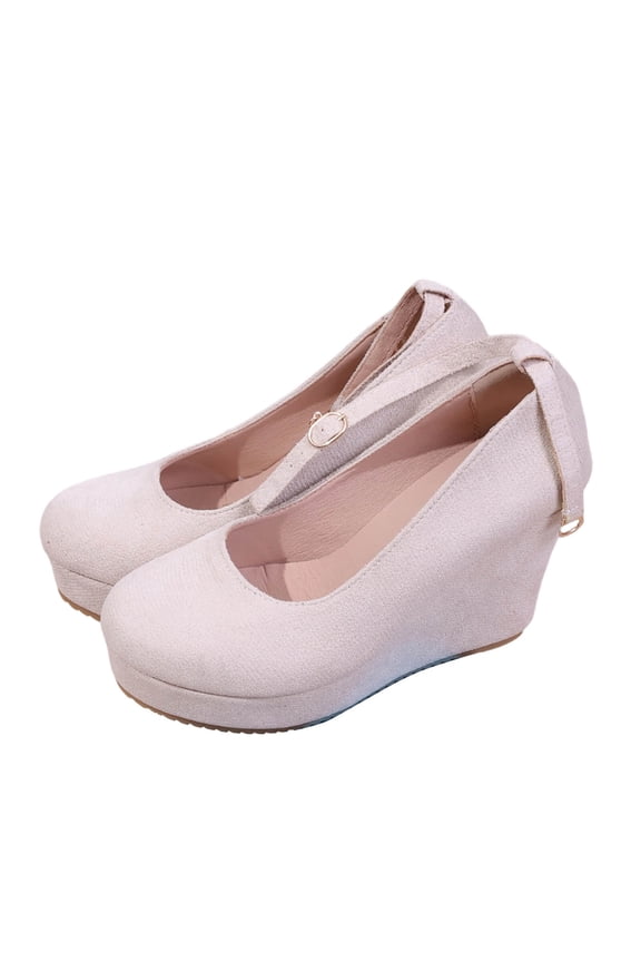 Beige Ladies Plus Size Slope Heel Shoes, Round Toe High Heel One Button For Casual Wear