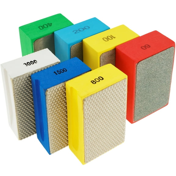 7Pcs Diamond Hand Polishing Pads Set 60/100/200/400/800/1500/3000 Grit Wet Dry Diamond Sanding Block Sponge Backing Reusable Sanding Block Kit Diamond Sanding Pads for Stone Glass Tile Metal