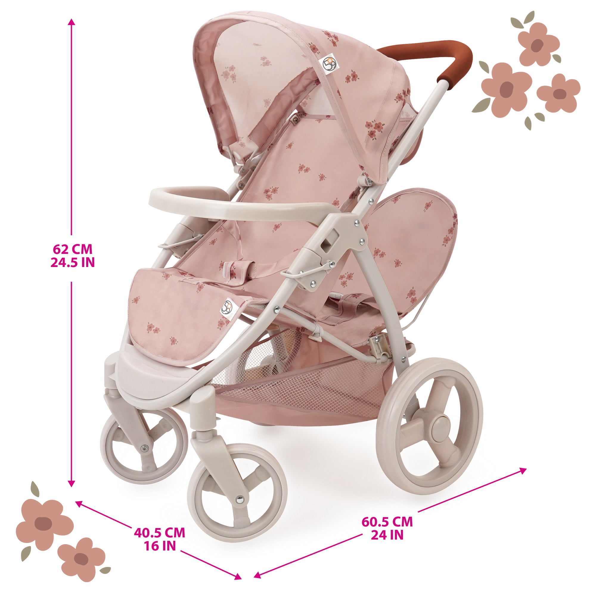 509 Crew: Ballet Flora - Mabelle Duo Twin Doll Stroller - Soft Pink & Flowers, Sun Canopy, Storage Basket, Foldable, Doll Care Accessory Toy, Kids 3+