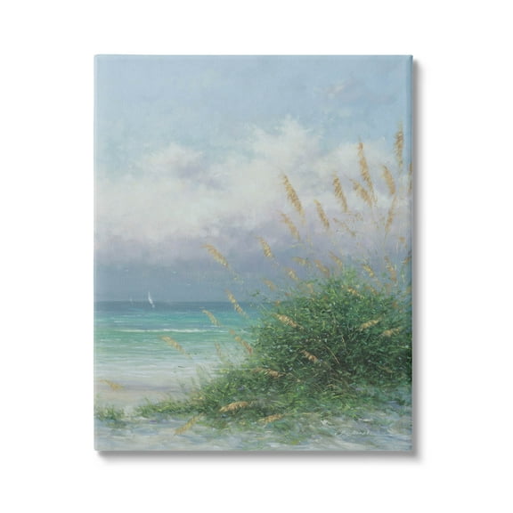Ocean Waves Beach Reeds Coastal Painting Gallery Wrapped Canvas Print Wall Art