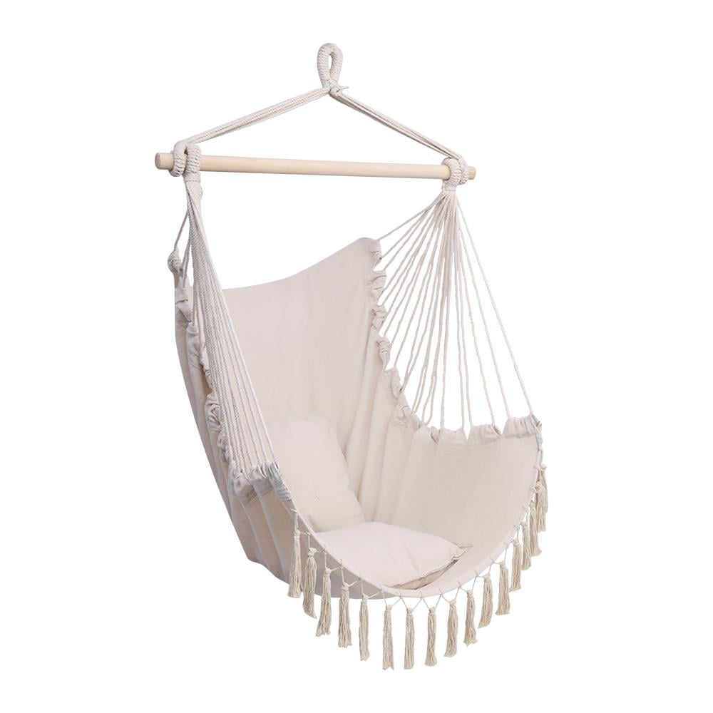 Beige Hammock Chair Swing Hanging Rope Net Chair Porch Patio with 2 Cushions US 
