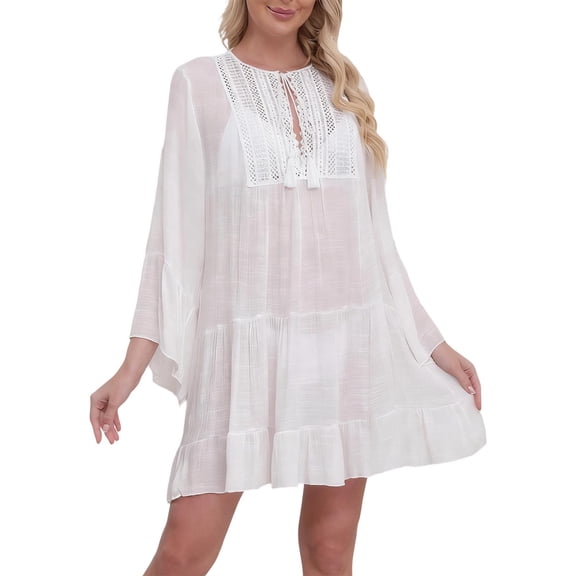 Lopeceal Women Beach Cover Up Crochet Patchwork Mesh Sheer Front Tie Loose Sun Protection Bikini Cover Up Dress Casual Summer