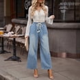 thumbnail image 5 of Women's High-Waisted Cargo Denim Pants - Elastic Waist 6-Pocket Wide Leg Loose Casual Jeans, Light Blue Size S, 5 of 6