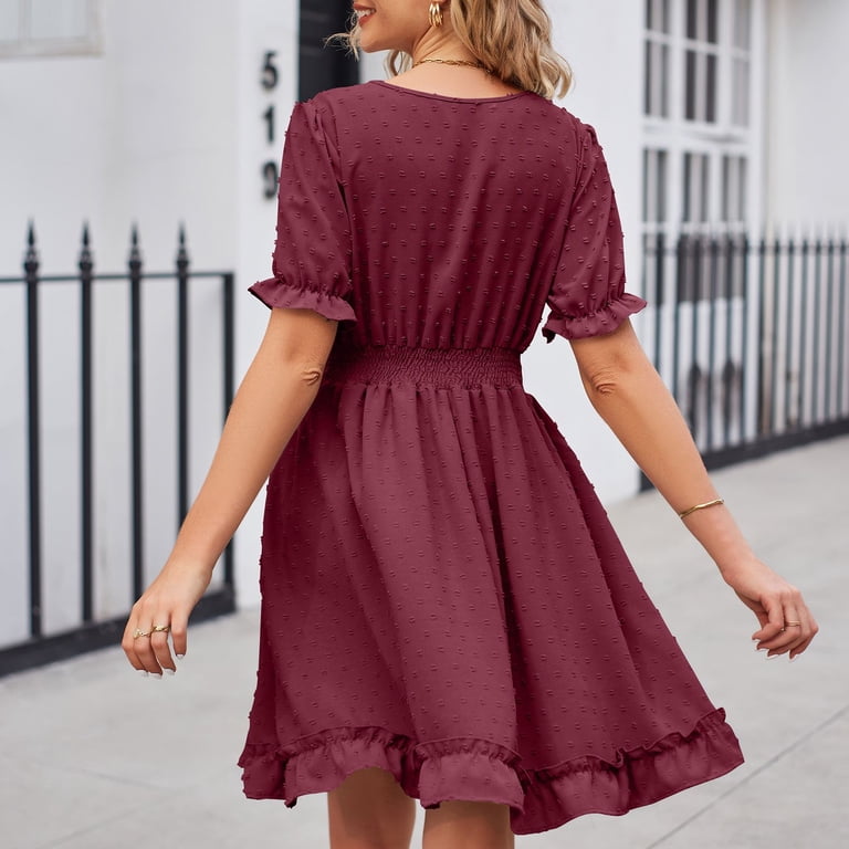 Swsmclt Women's Midi Dress Casual Dresses Summer Ruffle Swing Dress Cute Ruched Puff Sleeve Short Sleeve Burgundy XX-Large, Size: 2XL, Red