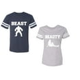 thumbnail image 1 of Beast Beauty Unisex Couple Matching Cotton Jersey style T-Shirt Contrasting stripes on sleeves (Men Navy / Women Heather) (Men S / Women M), 1 of 3