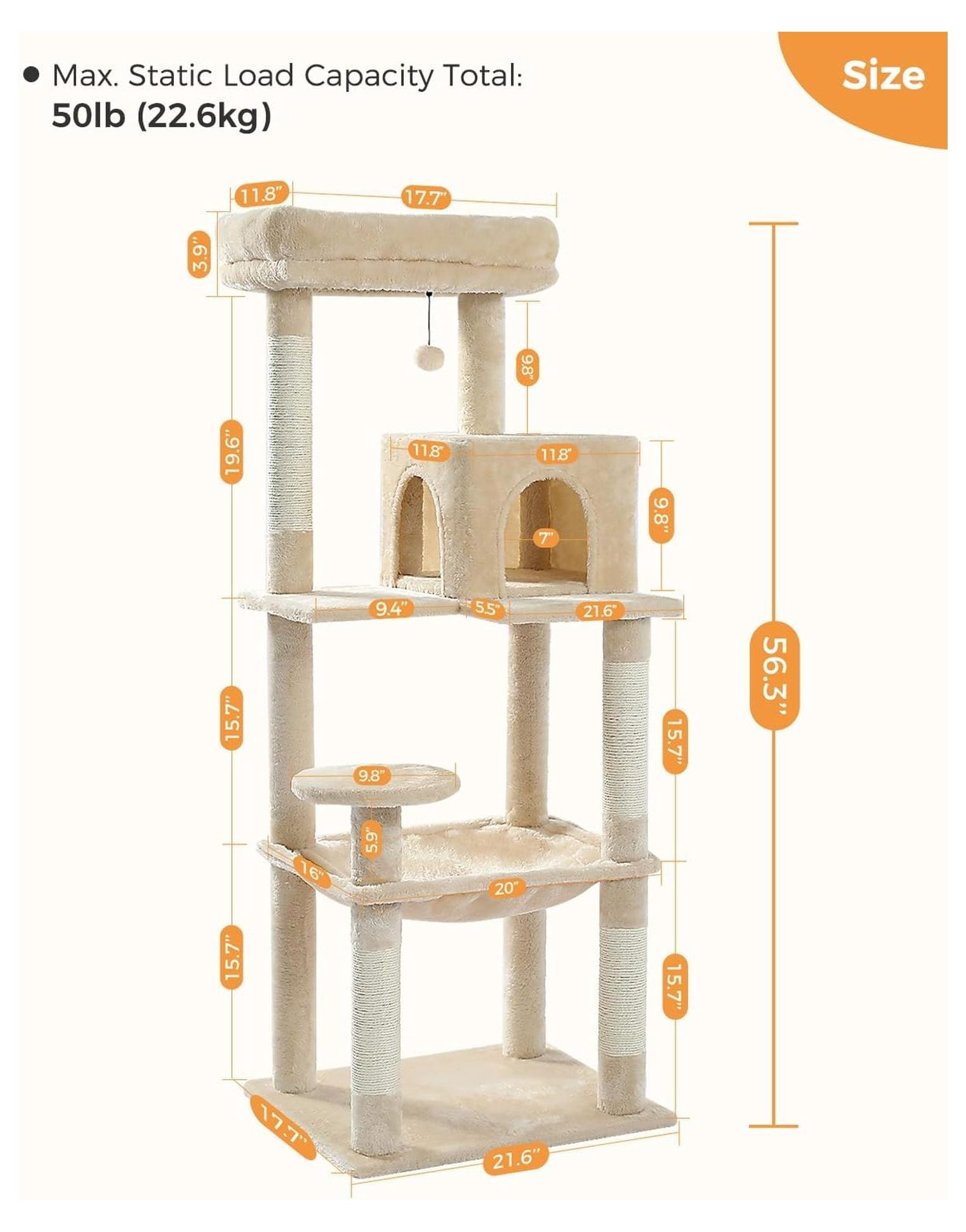 Cat Tree for Large Cats, 56.3" Tower with Hammock & Condo, 6-Tier Cat Shelves, Scratching Posts, Beige
