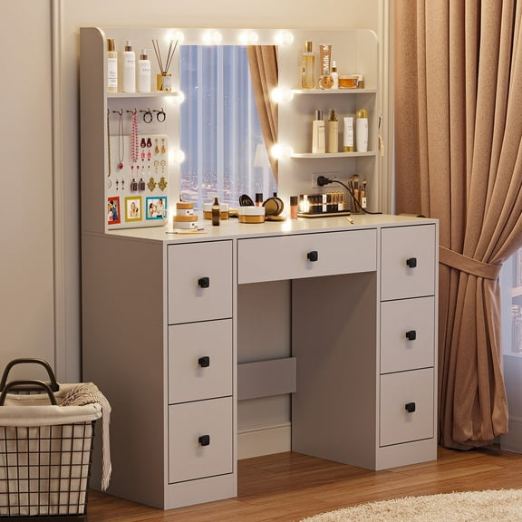 Cottinch Makeup Vanity Table with Mirror & 3 Color Light Modes,Vanity Desk with 7 Drawers,3 Shelves,Jewelry Hook,Charging Station,Dressing Table for Bedroom,White
