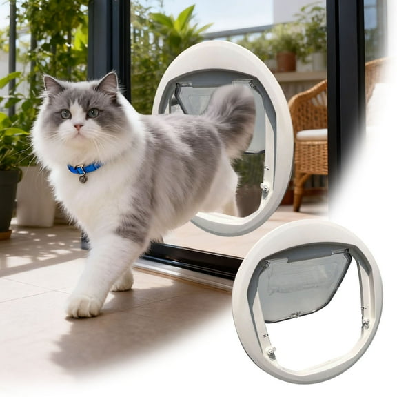 Cat Door for Interior Exterior Doors, 4 Way Locking Pet Door Dog Window Gate 11.8 inch Round Clear Extra Large Cat Flap Door for Cats Kitten Small Dogs Puppy Doggie A