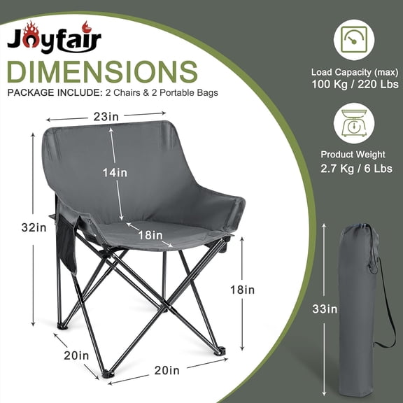 Outdoor Camping Chair for Adult, Large Portable Folding Moon Chairs with Carry Bag for  Beach, Fishing, Lawn and More Outdoor Sports, 600D Oxford Fabric & Heavy Duty Steel (2, Grey)