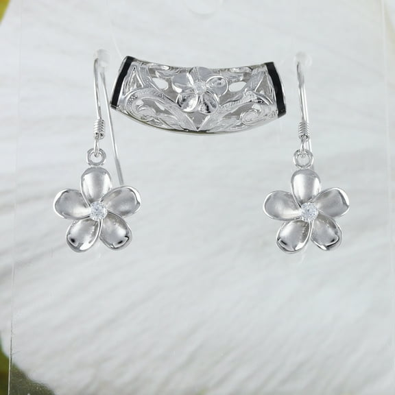 Unique Hawaiian Plumeria Maile Leaf Lava Tube Earring and Necklace, Sterling Silver Plumeria Flower CZ Barrel Pendant, N8563SH Birthday Gift