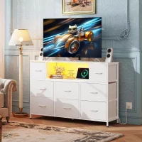 Simple Deluxe TV Stand Dresser with 8 Fabric Drawers and Open Shelves, Entertainment Center with LED Lights & Charging Station, Wood Top for 45" -55" TV, for Bedroom/Living Room/Hallway, White