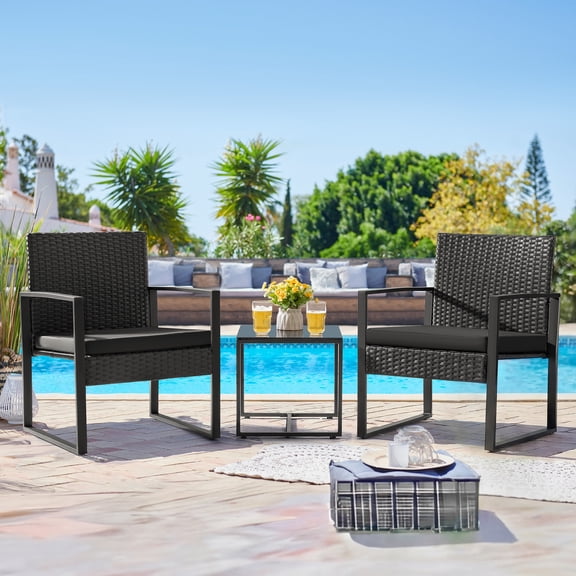 Lacoo 3 Pieces Outdoor Bistro Chair Set PE Rattan Patio Conversation Set of 2 with Cushion and Coffee Table, Black