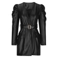 thumbnail image 4 of Lovskoo Women's Pu Leather V-Neck Bubble Sleeve Long Sleeve Solid Color Dress With Belt Mid Calf Dresses S-Xl Black, 4 of 6
