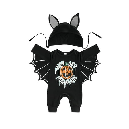 

Qiylii Halloween Baby Boy Jumpsuit Set Casual Pumpkin Print Toddler Bat Long Sleeve Rompers and Hat 0-18M