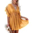 thumbnail image 1 of Vestido de playa adelgazante para mujer, manga corta, cuello profundo, Color sólido, fiesta de verano, vestido informal con cordón, 1 of 1